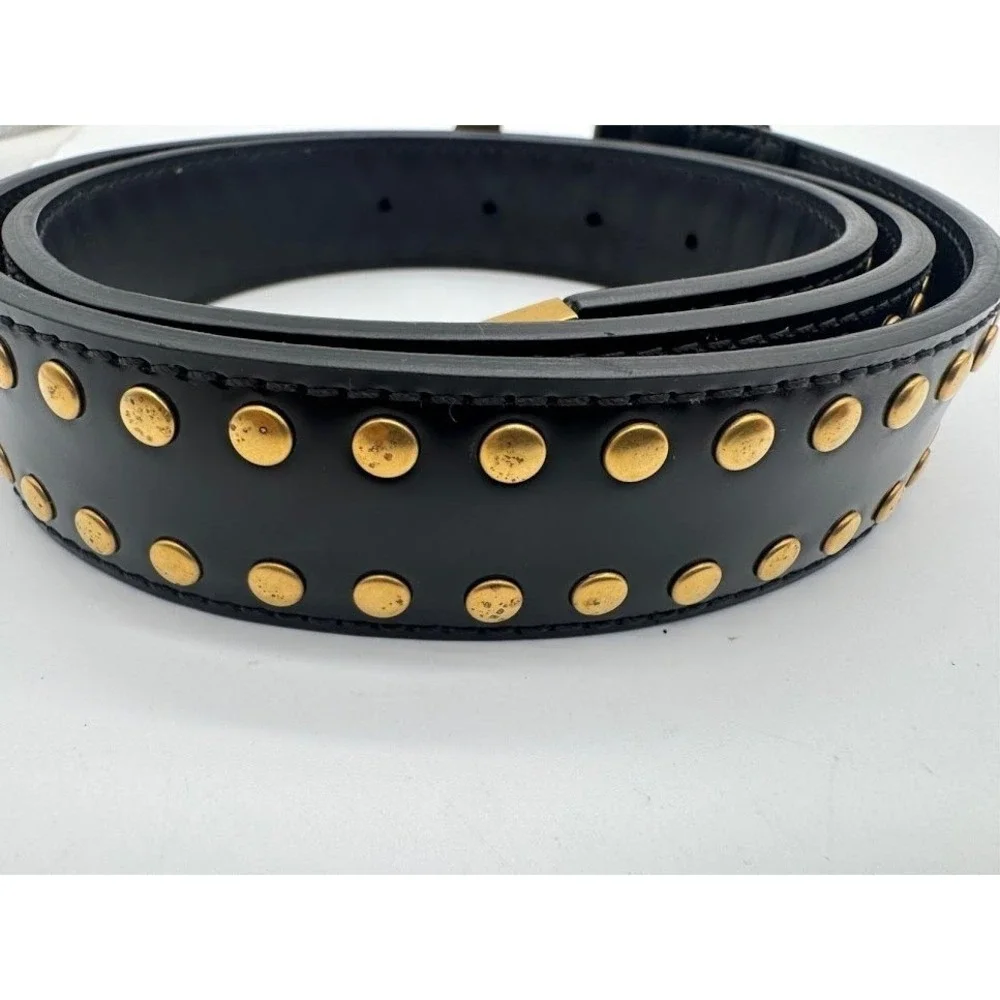 Versace Black Leather Studded Belt Gold Medusa Head Geometric Buckle Waist Belt